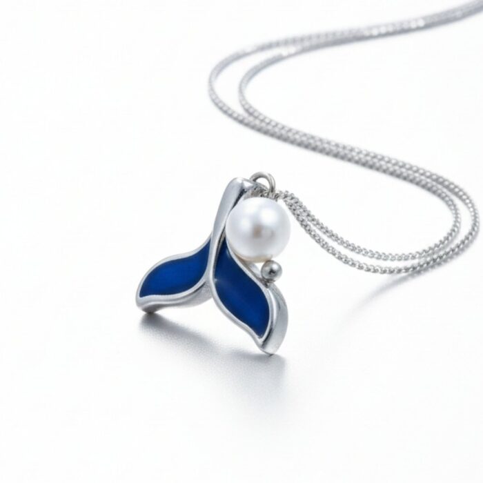 Blue Whale Tail Pearl Pendant Necklace