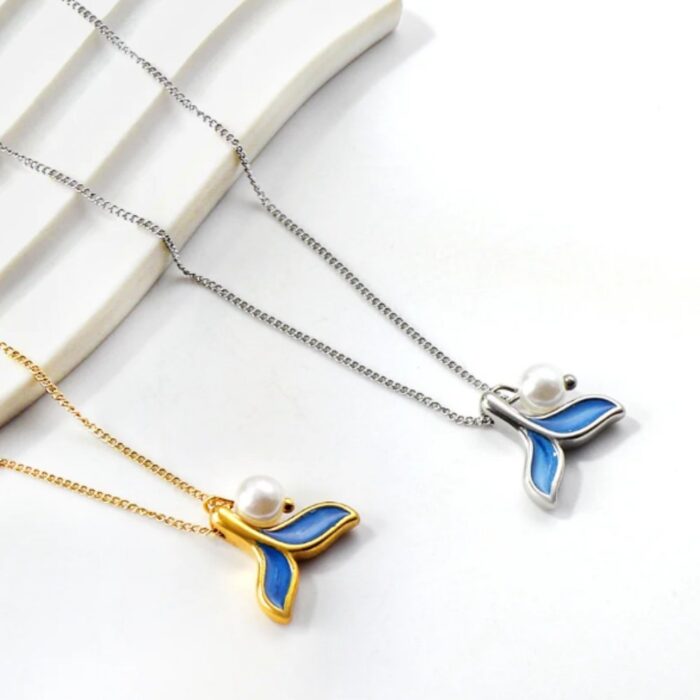 Blue Whale Tail Pearl Pendant Necklace