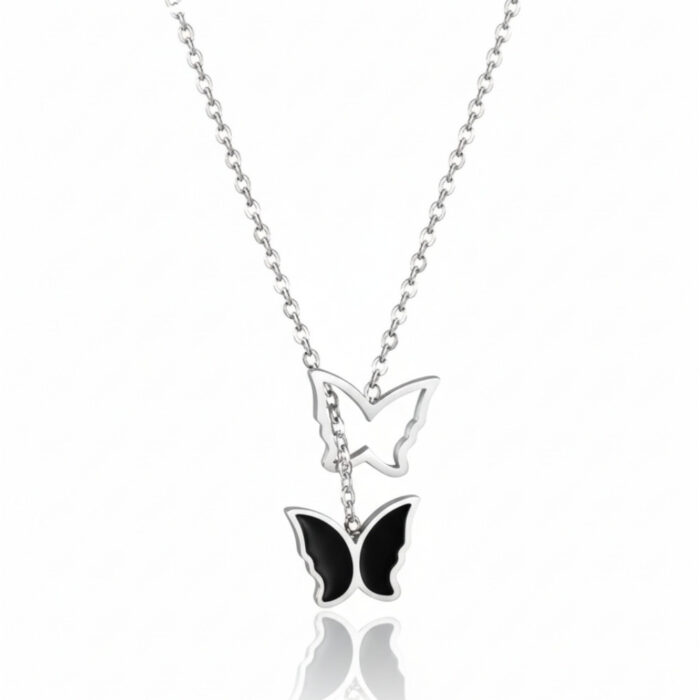 Double Butterfly Drop Necklace (304 Stainless Steel)