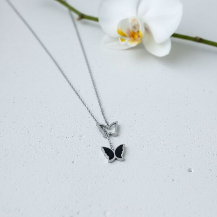 Double Butterfly Drop Necklace (304 Stainless Steel)