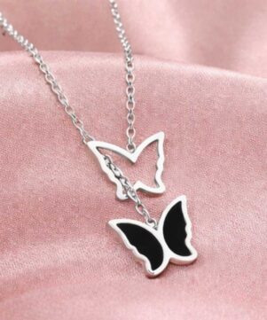 Double Butterfly Drop Necklace closeup Double Butterfly Drop Necklace (304 Stainless Steel)