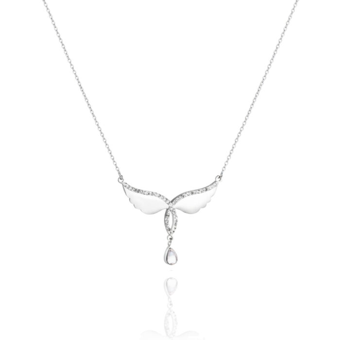 Crystal Wing Drop Pendant Necklace (Stainless Steel)