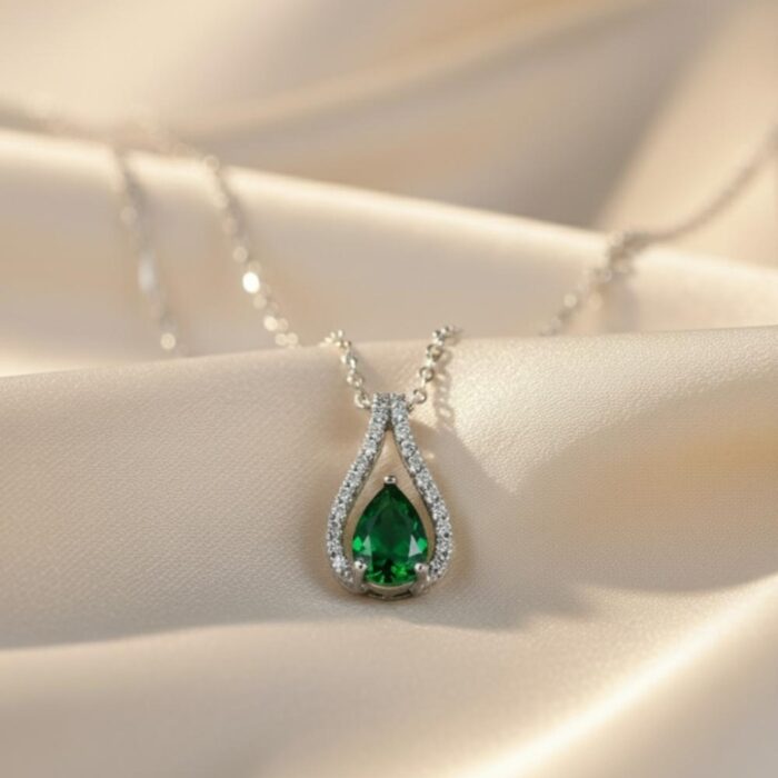 Emerald Green Pear Drop Zircon Halo Pendant Necklace gallery image