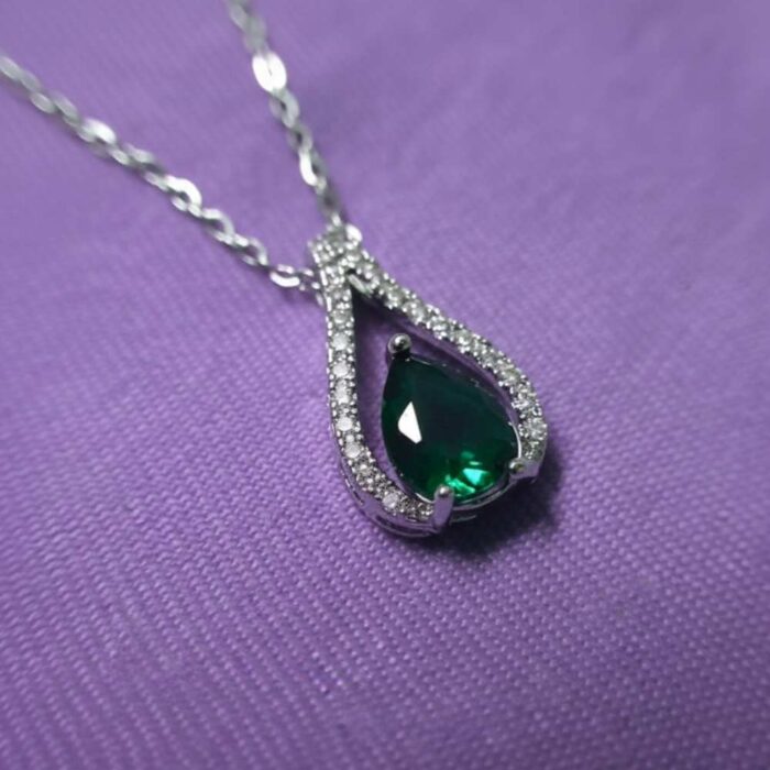 Emerald Green Pear Drop Zircon Halo Pendant Necklace gallery image