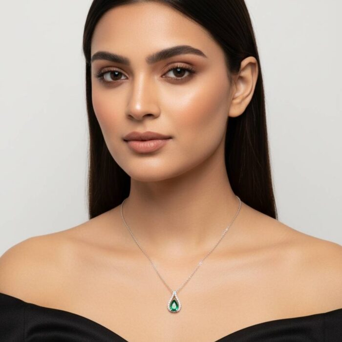 Emerald Green Pear Drop Zircon Halo Pendant Necklace gallery image