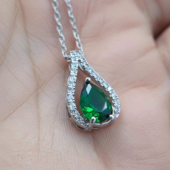 Emerald Green Pear Drop Zircon Halo Pendant Necklace gallery image