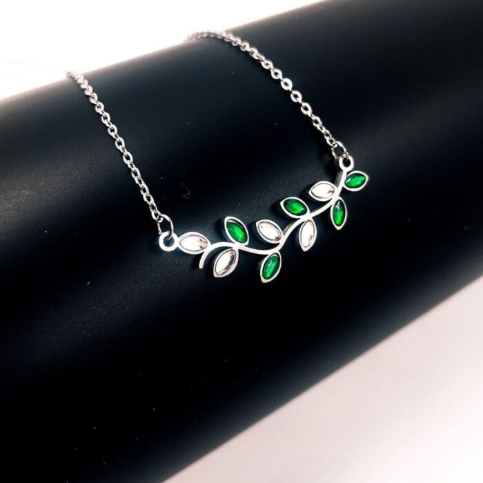 Emerald Green Leaf Branch Pendant Necklace – Minimal Waterproof Jewellery