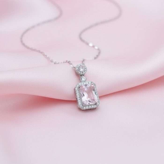Pink Zircon Halo Solitaire Pendant Necklace Gallery Image