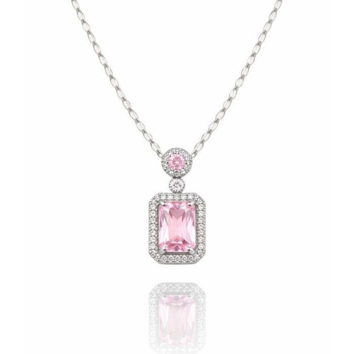 Pink Zircon Halo Solitaire Pendant Necklace