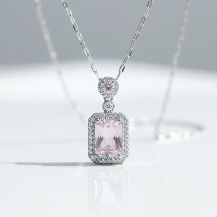 Pink Zircon Halo Solitaire Pendant Necklace Gallery Image