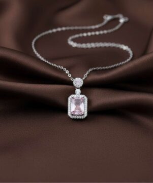 Pink Zircon Halo Solitaire Pendant Necklace gallery image Pink Zircon Halo Solitaire Pendant Necklace Gallery Image