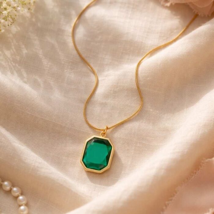 Emerald-Tone Octagon Pendant Necklace fabric